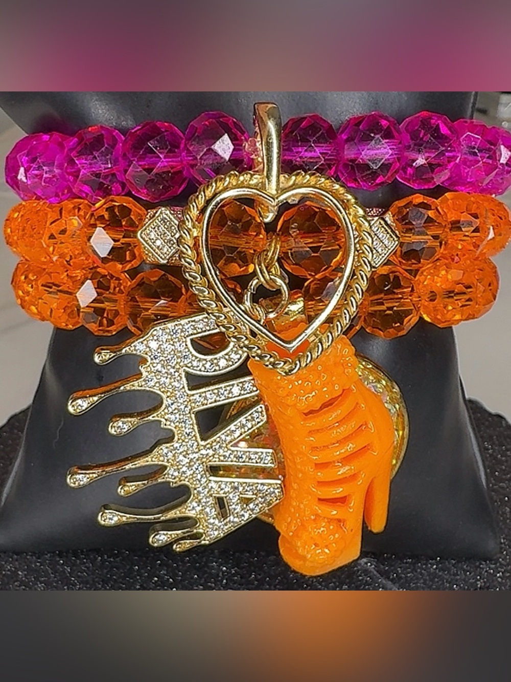 Diva Orange and Fuchsia Crystal Stretch Bracelet Set with Gold Heart Charm